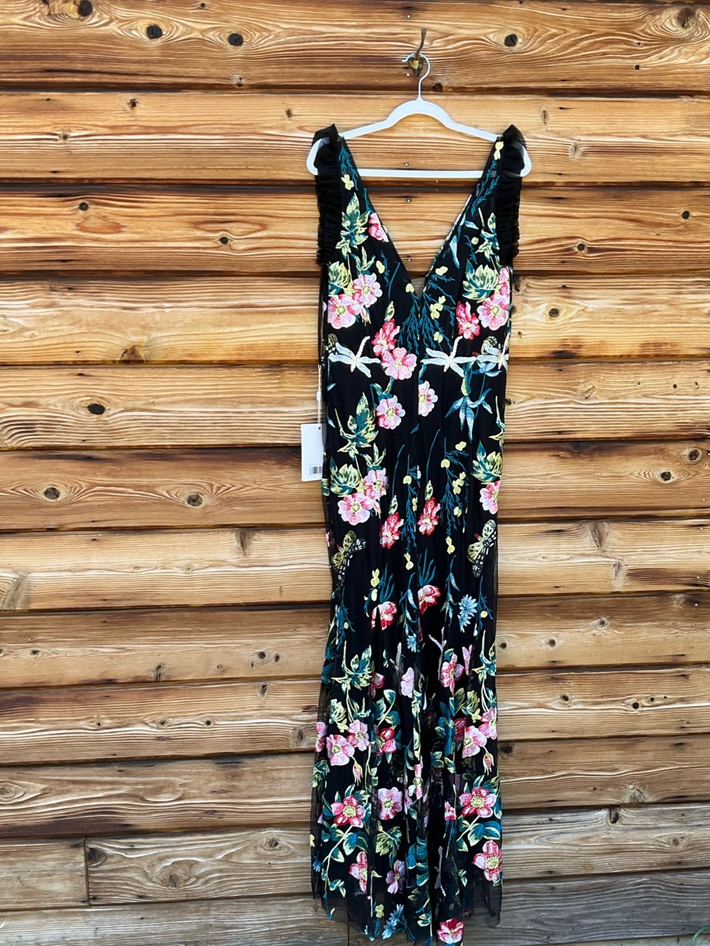 NWT Mac Duggal Embroidered Floral Plunge Neck Trumpet Gown Black Multi Size 10 - Picture 12 of 15